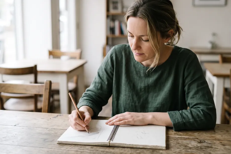 A woman in her late thirties sketches with focus in a notebook with a pencil at a wooden table, calm daylight.