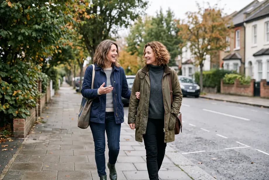 Two women around forty walk side by side down a quiet residential street, chatting in a relaxed way, soft daylight.