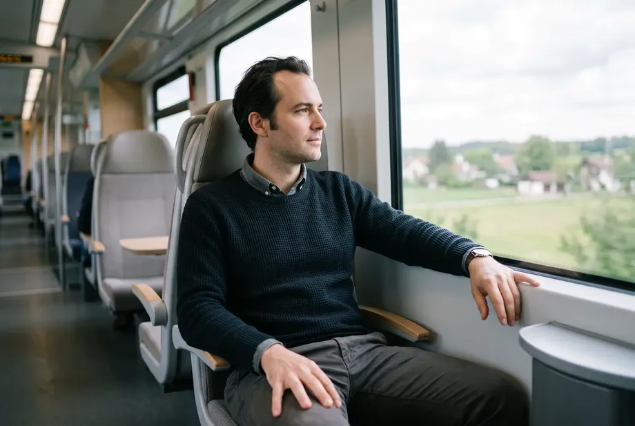 Mann Ende dreißig sitzt in einer hellen Regionalbahn am Fenster und blickt ruhig nach draußen.
