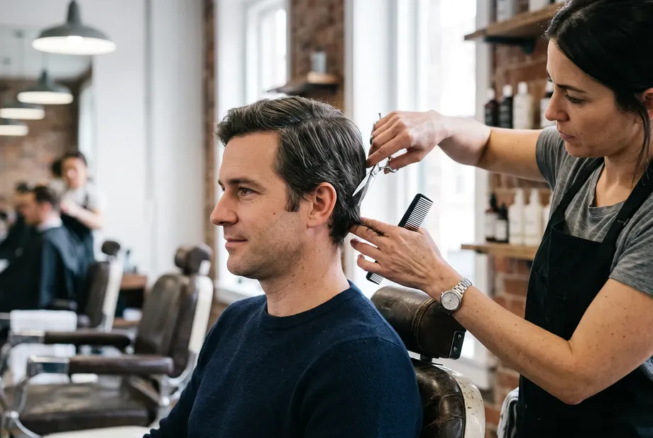 A man in his late thirties sits relaxed in the barber's chair while his hair is being cut, a calm bright scene.