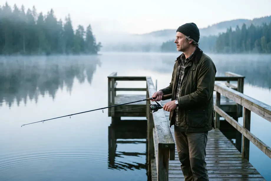 A man in his mid-forties fishes early in the morning from a wooden jetty on a calm lake.