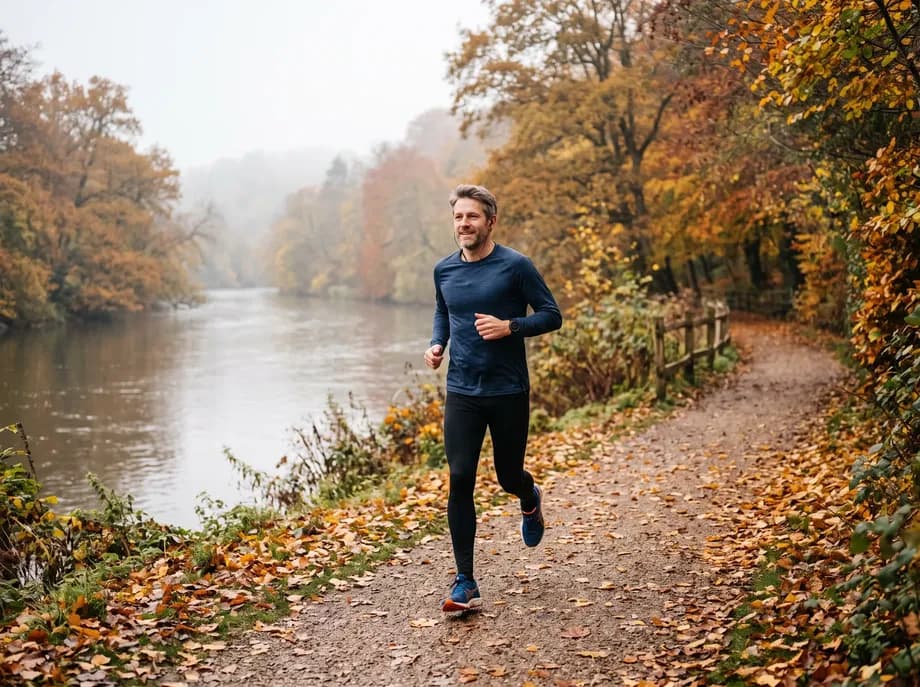 Mann um die vierzig joggt ruhig auf einem Uferweg an einem Herbstmorgen.
