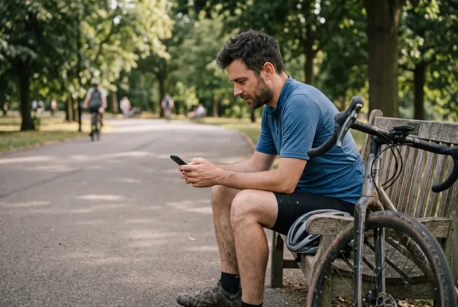 Mann Anfang dreißig sitzt nach einer Radtour auf einer Parkbank und liest konzentriert etwas auf seinem Smartphone, das Fahrrad lehnt neben ihm.