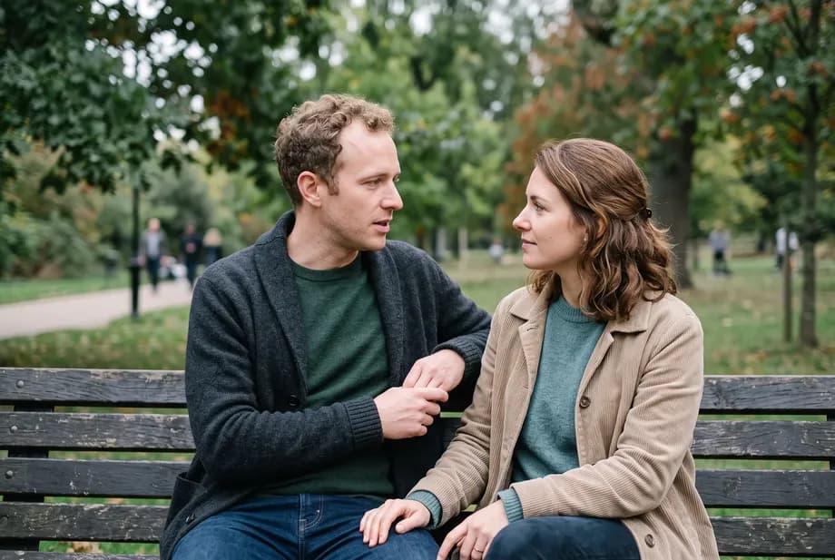 A couple in their mid-thirties sits on a park bench, talking in a calm, warm mood.