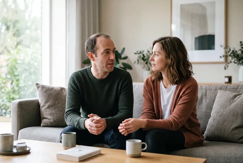 A couple in their mid-thirties sits relaxed side by side on the sofa, talking calmly.