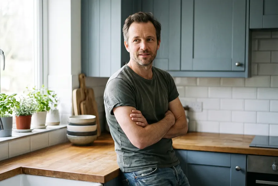 A man in his late thirties stands relaxed in his kitchen, leaning casually against the counter, arms loosely crossed, a calm everyday moment.