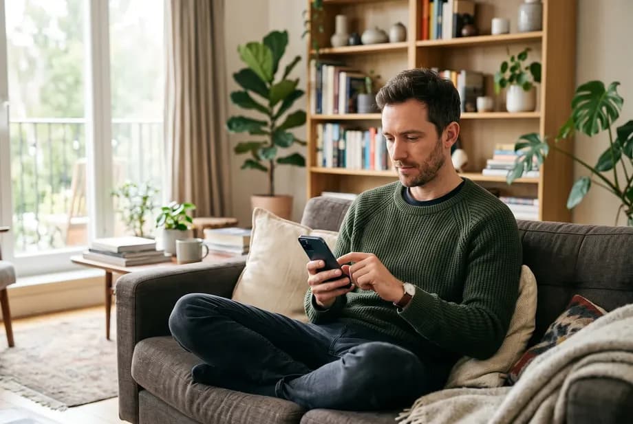 Mann sitzt entspannt mit dem Smartphone in der Hand auf dem Sofa und tippt eine Eingabe.