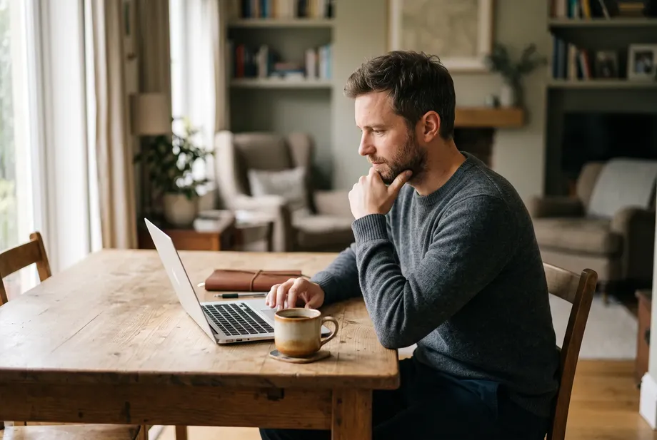 A man sits at the dining table at home with a laptop, reading up on something with focus, a cup of coffee beside him.