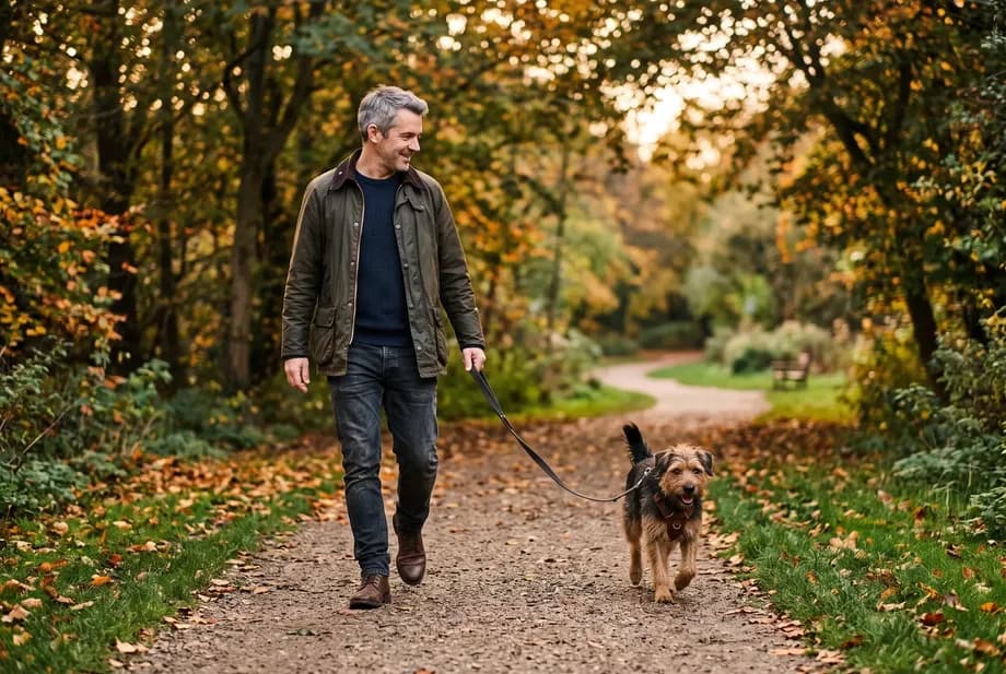 Mann Anfang 40 geht am frühen Abend mit seinem Hund durch einen ruhigen Stadtpark, lockere Alltagskleidung, entspannter Gesichtsausdruck.