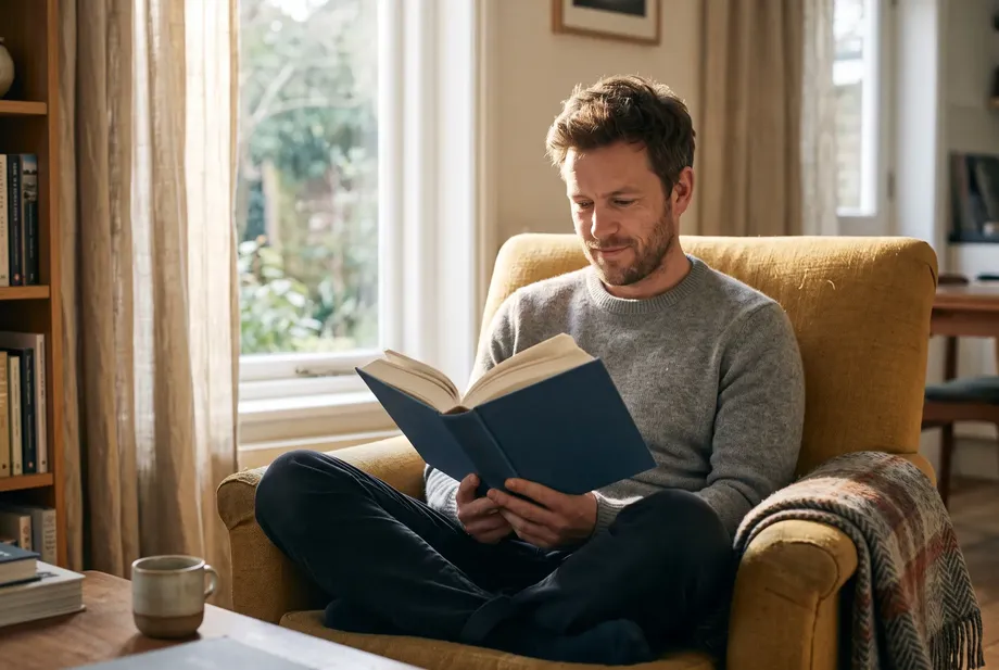 A man in his late thirties sits relaxed in an armchair by the window reading a book, soft afternoon light.