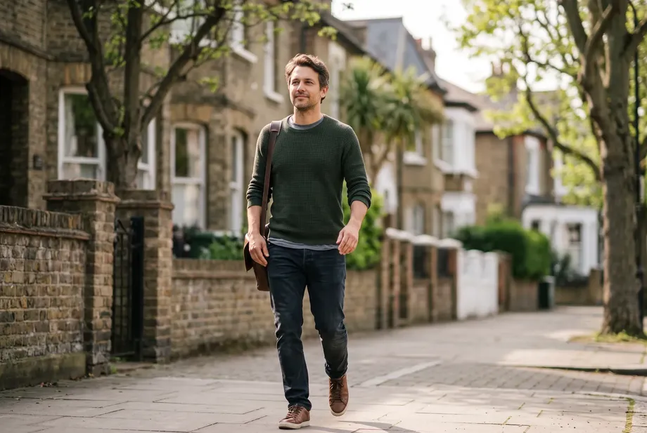 A man in his late thirties walks relaxed down a tree-lined residential street on a bright morning, casual everyday clothes, a calm, natural expression.
