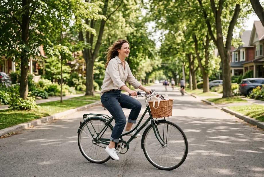 A woman in her mid-thirties rides her bicycle relaxed down a green street on a bright day.