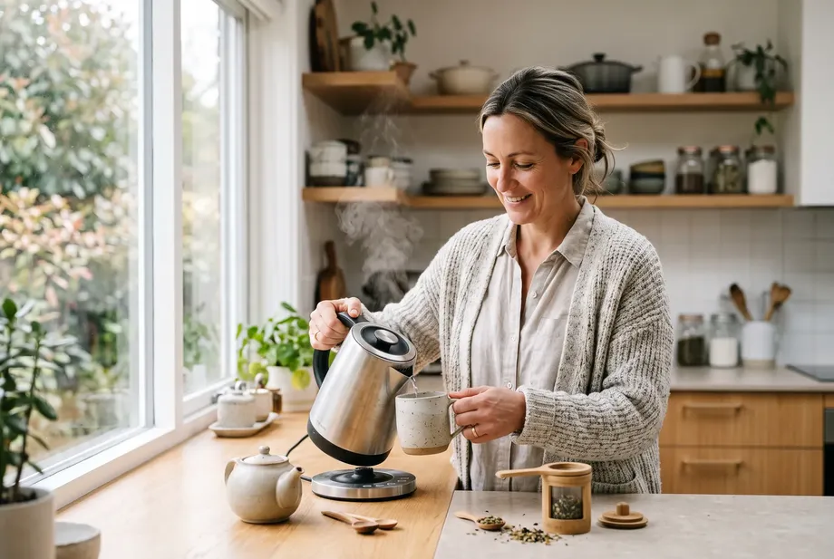A woman around forty stands in her bright kitchen calmly making herself a tea, soft daylight.