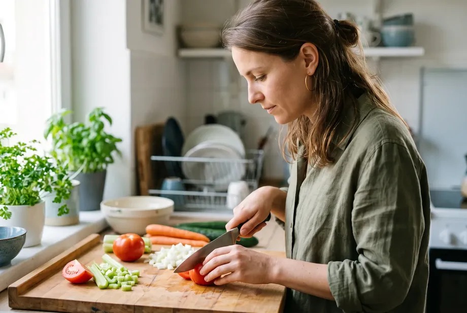 A woman in her mid-thirties calmly chops fresh vegetables in her bright kitchen, daylight.