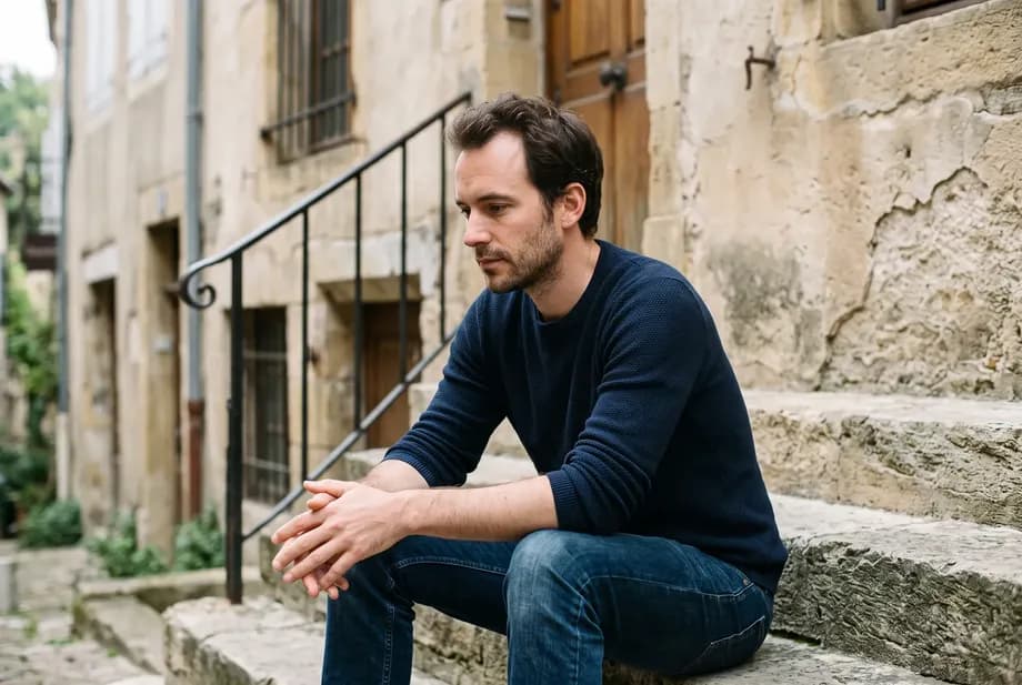 A man in his early thirties sits on an outdoor staircase in front of an old building, forearms on his knees, calm and thoughtful.