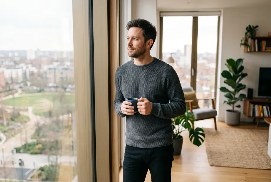 Mann steht mit einer Tasse Kaffee am Fenster und blickt ruhig nach draußen.