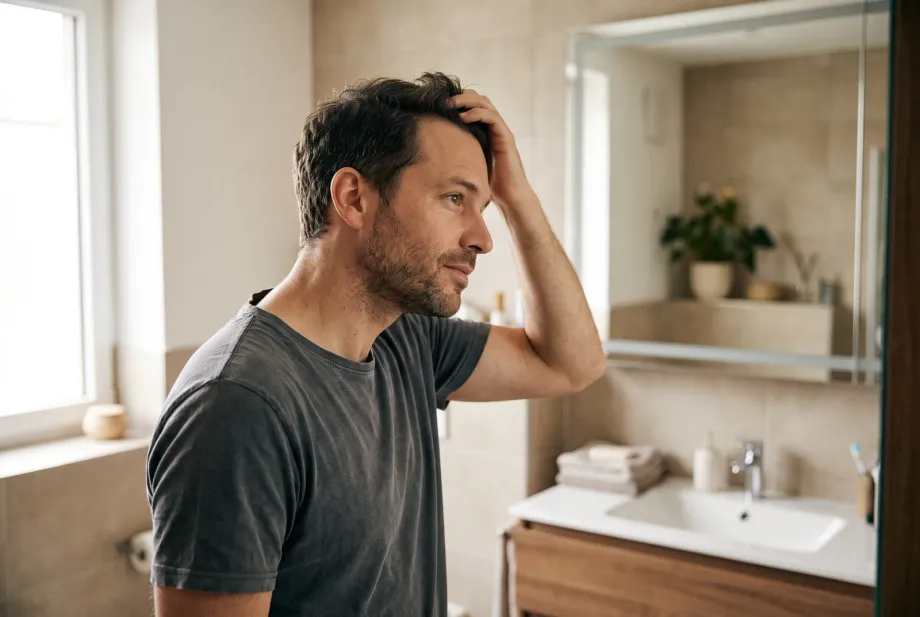 A man looks at his hairline in the bathroom mirror and runs a hand through his hair.