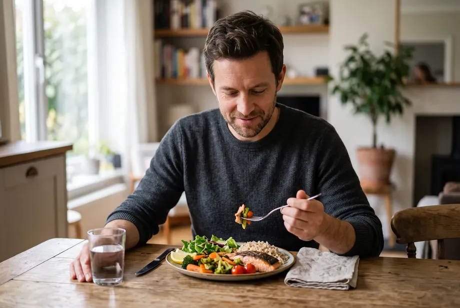 A man in his early forties eats a balanced meal of vegetables, whole grains and fish, relaxed at the table, natural light.
