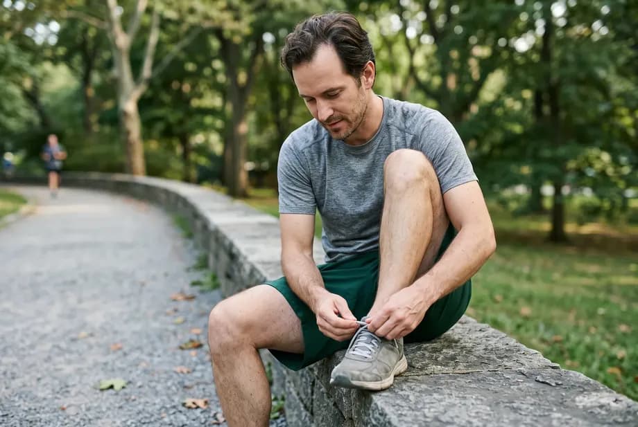 A man in his late thirties sits on a low stone wall in the park, tying his running shoes before a run.