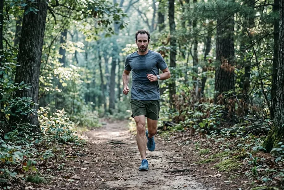 A man in his late thirties jogs early in the morning on a forest path, calm and focused.