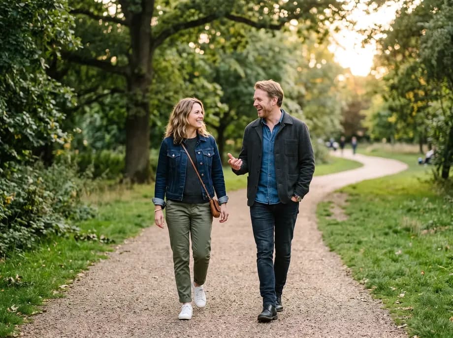 Frau Anfang vierzig und Mann Anfang vierzig gehen an einem frühen Abend entspannt durch einen Park.