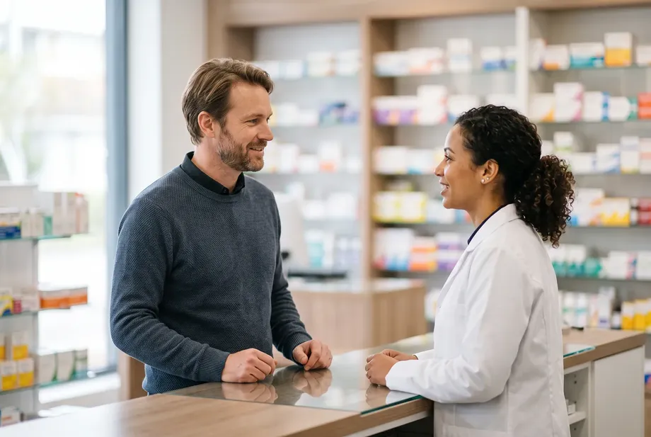 Ein Mann um die vierzig spricht in einer hellen Apotheke am Beratungstresen mit einer Apothekerin, die Regale im Hintergrund sind unscharf.