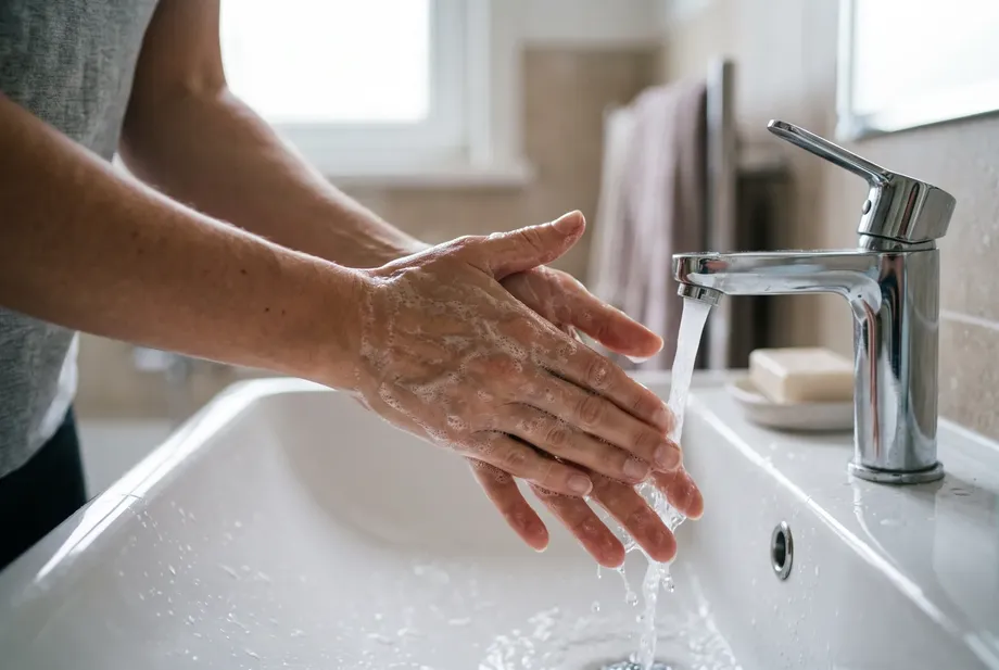 A person thoroughly washing their hands with soap at the sink.