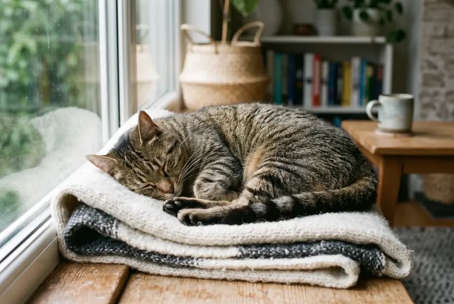 A healthy house cat lies curled up and relaxed on a soft blanket in a cozy spot.