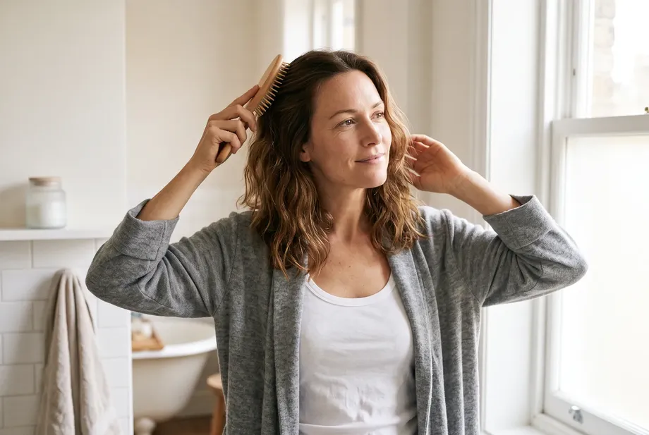 A woman in her late thirties calmly brushes her hair with a hairbrush in the bright bathroom in the morning.