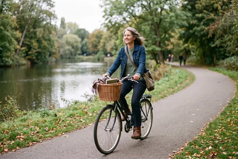 Frau Mitte vierzig fährt entspannt mit dem Fahrrad auf einem ruhigen Uferweg, Tageslicht.