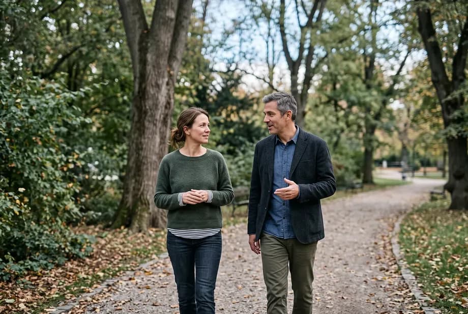 Two friends, a woman and a man around forty, walk side by side along a tree-lined path, absorbed in a calm conversation, soft afternoon light.