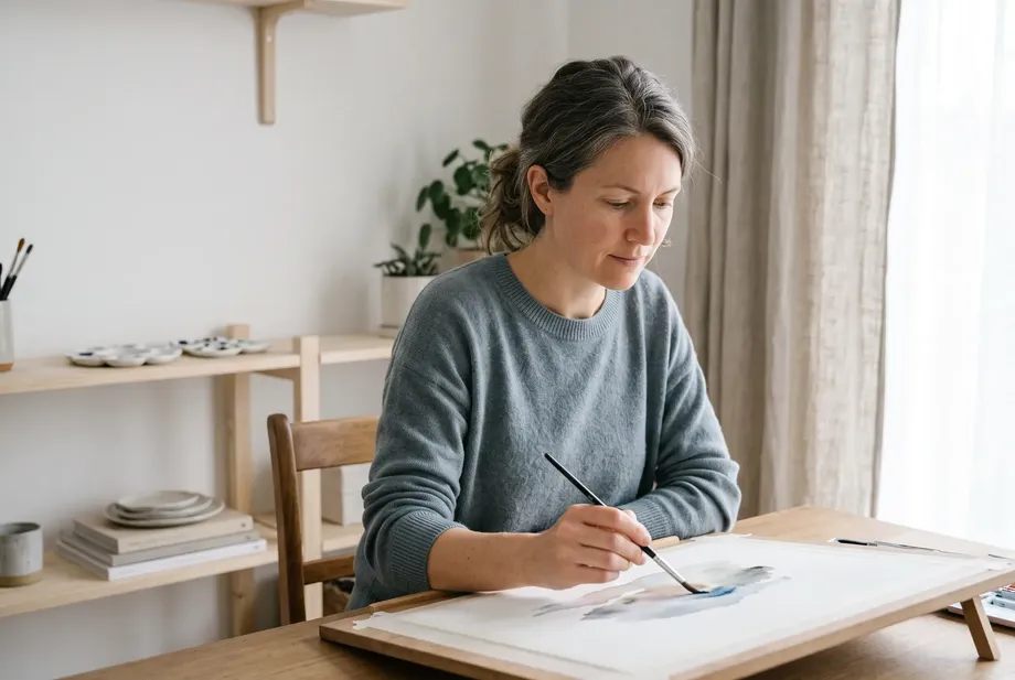 Frau Ende dreißig malt konzentriert mit Aquarellfarben an einem Tisch in einem hellen Raum.