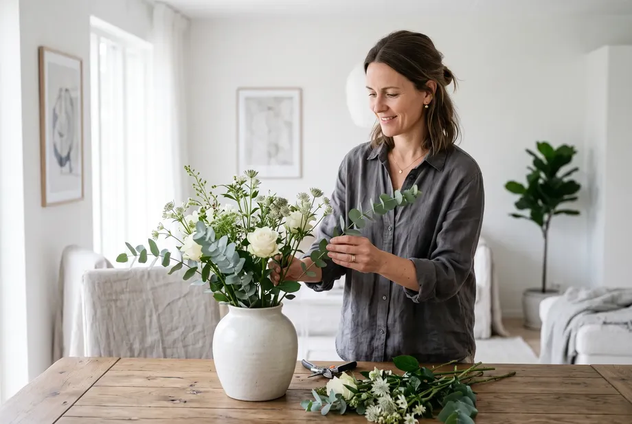 A woman around forty calmly arranges fresh flowers in a vase at a bright dining table.
