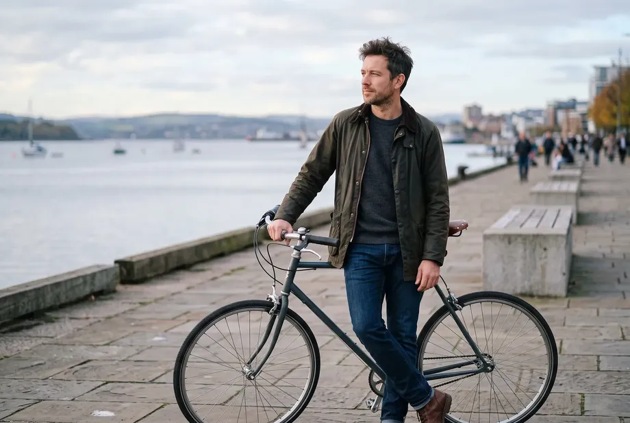 A man in his late thirties takes a break on a waterfront promenade, leaning relaxed against his bicycle.