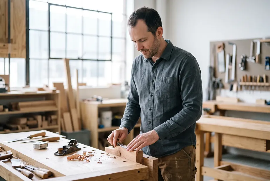 A man in his early forties works calmly and with focus on a project in a bright woodworking shop.
