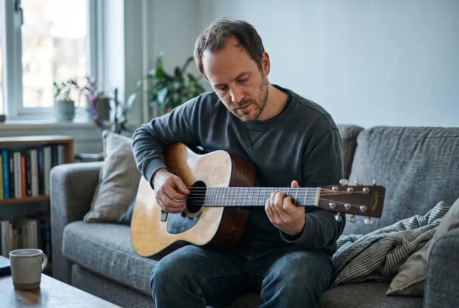 A man in his late thirties plays acoustic guitar, relaxed at home on the sofa.