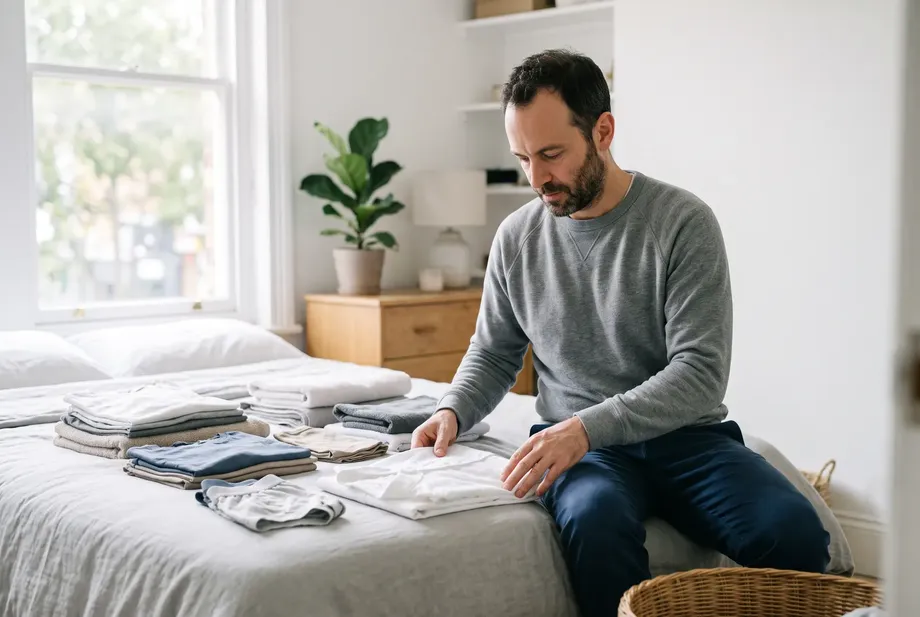 A man in his early forties calmly folds freshly washed laundry in a bright bedroom.